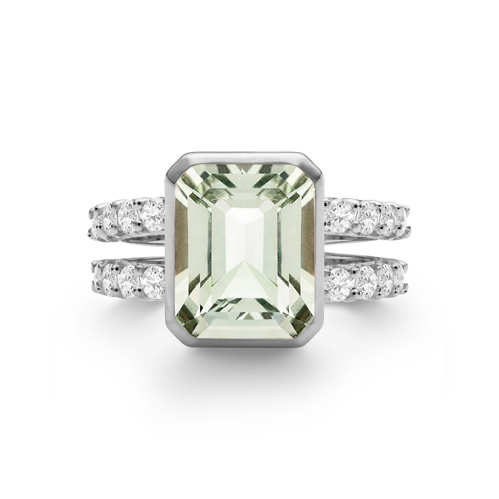 Warren ring in 14k white gold with accent diamonds featuring one 10 x 8 mm emerald cut lemon Green Amethyst - front view