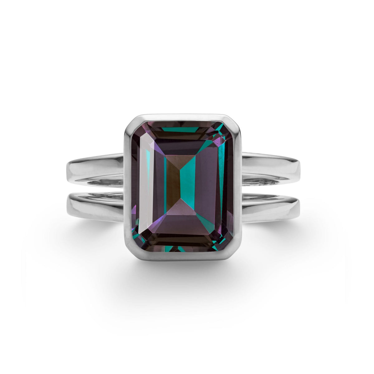 Warren Vertical Alexandrite Ring, featuring one 10 x 8 mm emerald cut, bezel set Alexandrite in 14k White Gold - front view.