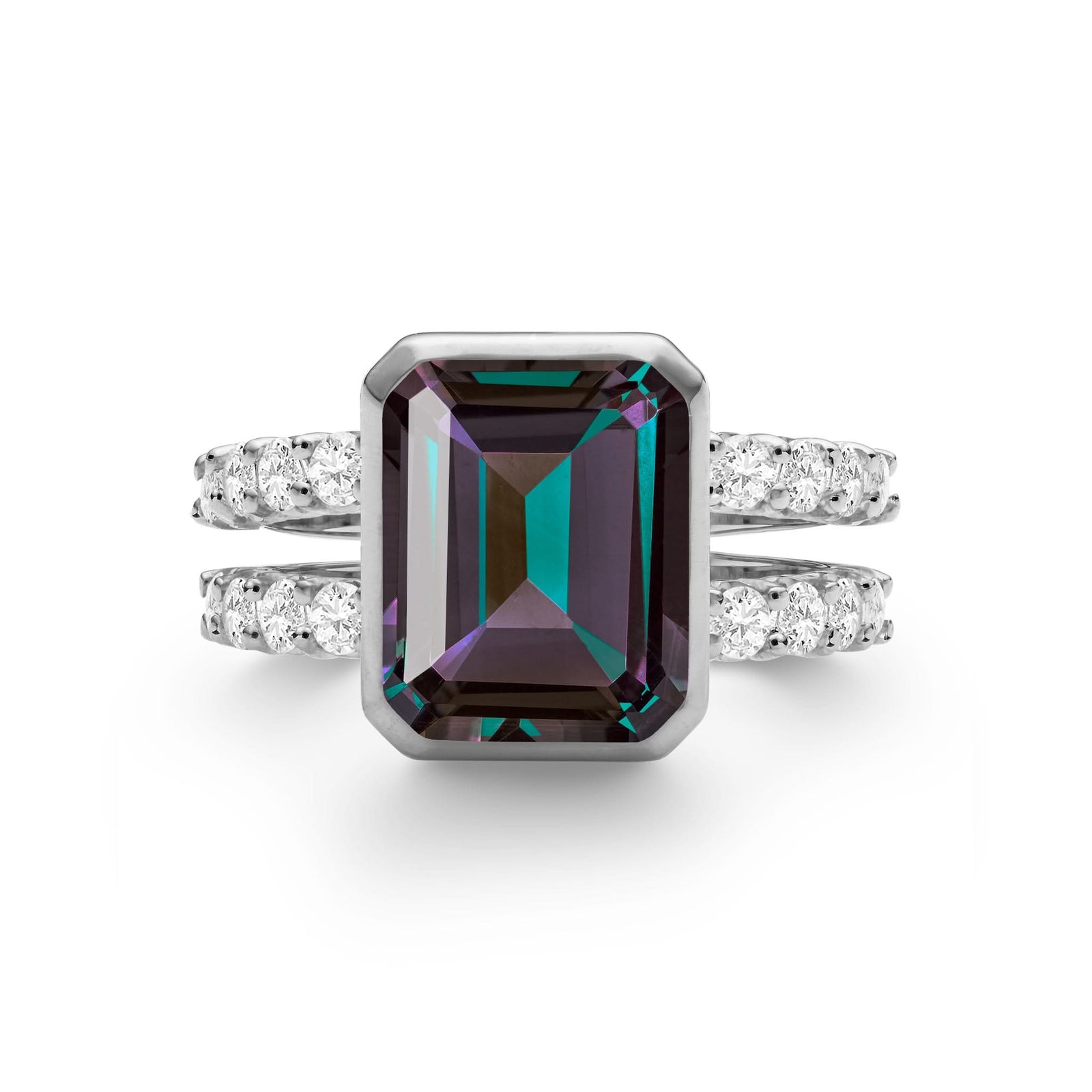 Warren ring in 14k white gold with accent diamonds featuring one 10 x 8 mm emerald cut Alexandrite - front view