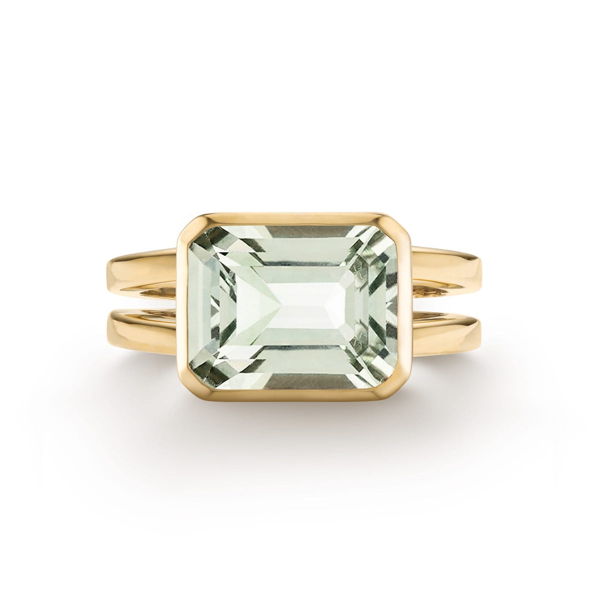 Warren Horizontal Green Amethyst Ring, featuring an emerald-cut 8 x 10mm Green Amethyst in 14k gold, hand-set horizontally in a 14k-gold bezel - front view.
