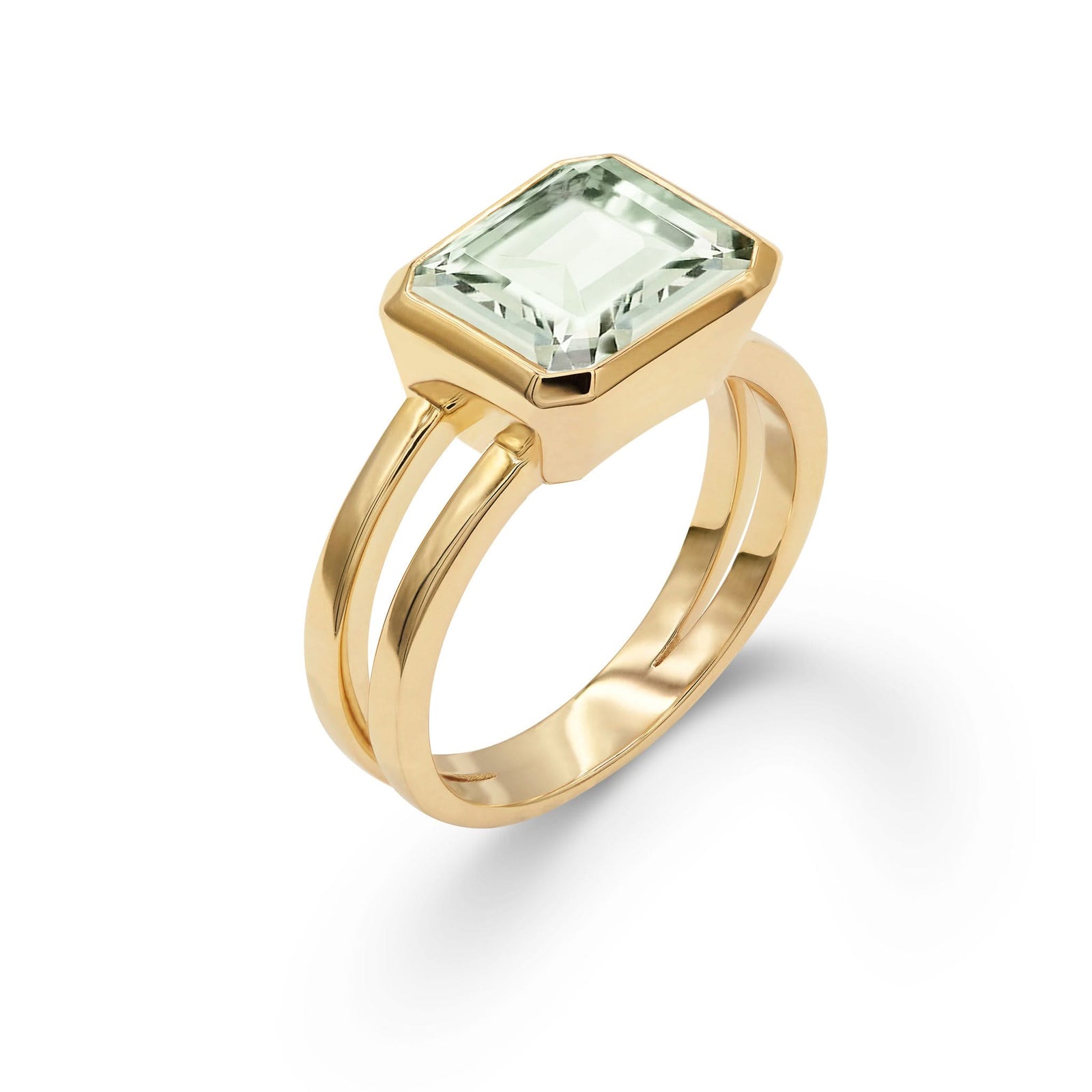 Warren Horizontal Green Amethyst Ring, featuring an emerald-cut 8 x 10mm Green Amethyst in 14k gold, hand-set horizontally in a 14k-gold bezel - aspect view.