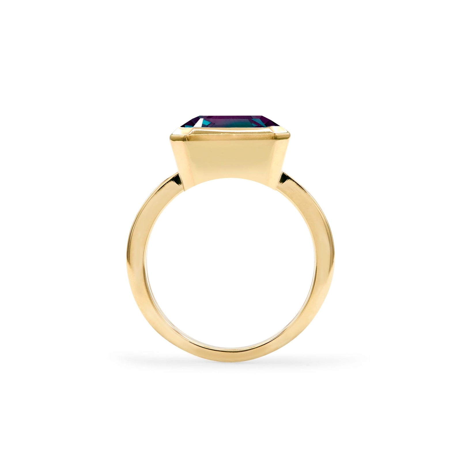 Warren Horizontal Alexandrite Ring in the 14k gold, featuring a color-changing and-faceted, bezel-set 8 x 10mm Alexandrite - standing view