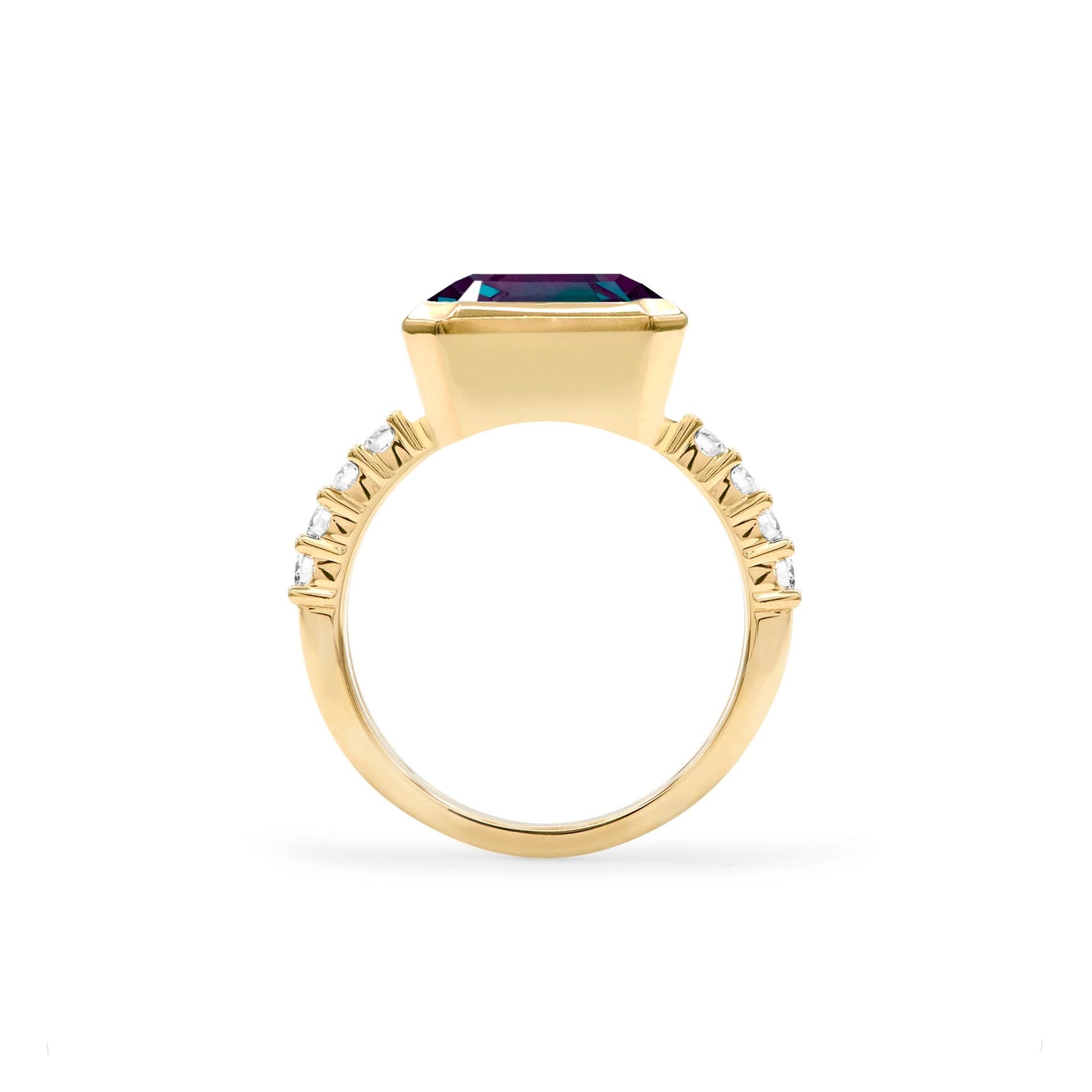 Warren Horizontal Alexandrite Ring with Diamonds in the 14k gold, featuring a color-changing 8x10mm Alexandrite and sustainably grown diamonds - standing view