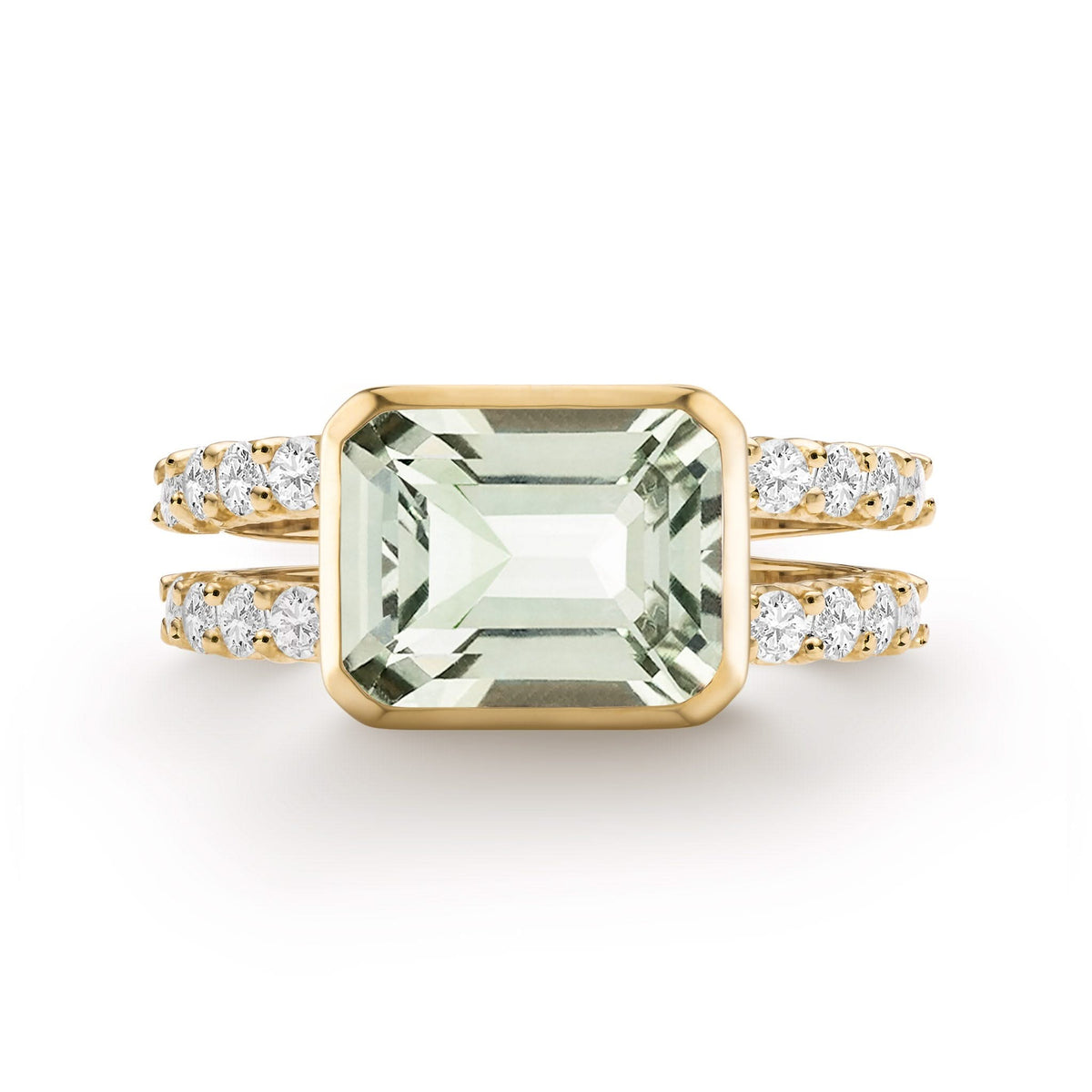 Warren Horizontal Green Amethyst Ring with Diamonds, featuring an 8 x 10mm Green Amethyst and 16 prong-set diamonds in 14k yellow gold - front view.