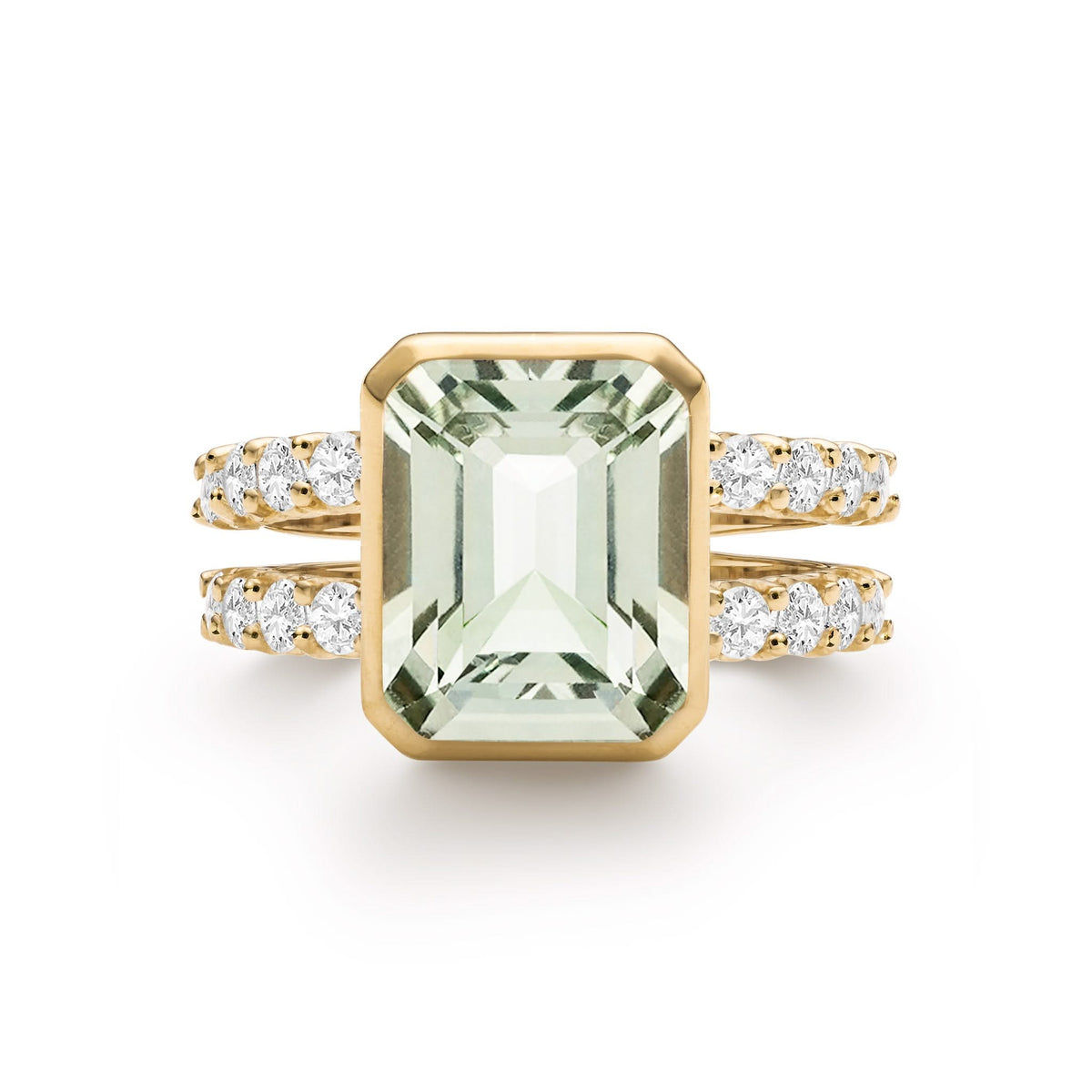 Warren ring in 14k yellow gold with accent diamonds featuring one 10 x 8 mm emerald cut lemon Green Amethyst - front view