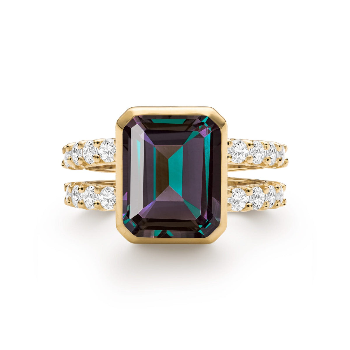 Warren ring in 14k yellow gold with accent diamonds featuring one 10 x 8 mm emerald cut Alexandrite - front view