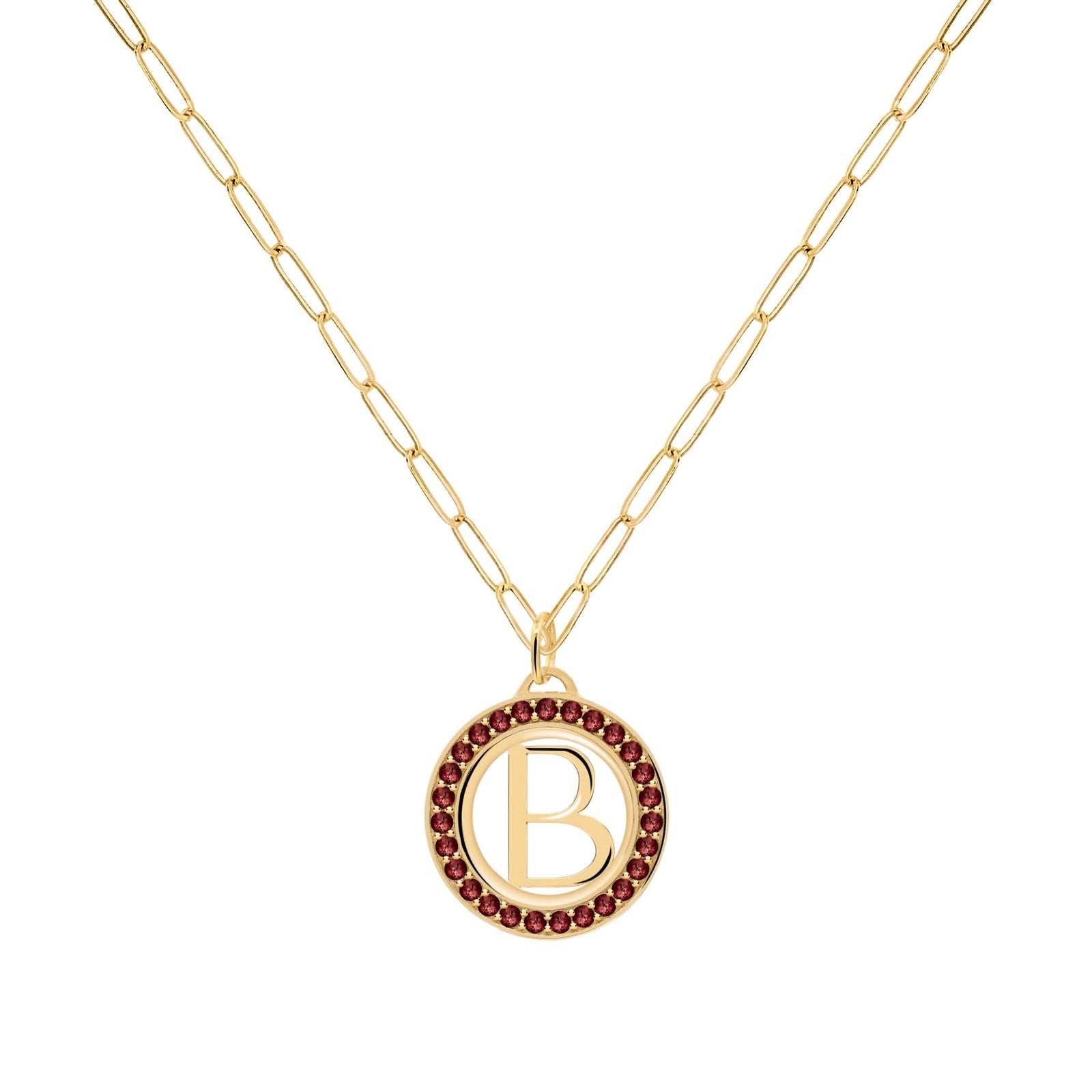 Letter & Garnet Pendant in 14k Gold (January)