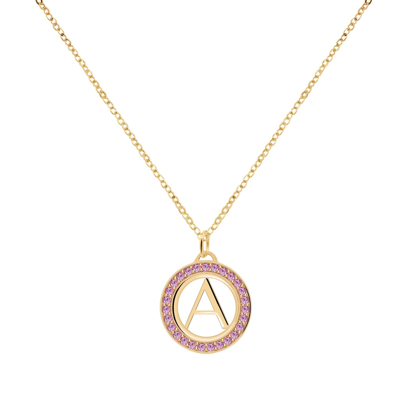 Letter & Pink Sapphire Pendant in 14k Gold (October)