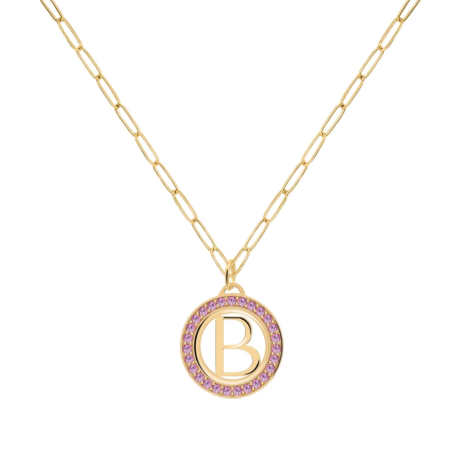 Letter & Pink Sapphire Pendant in 14k Gold (October)