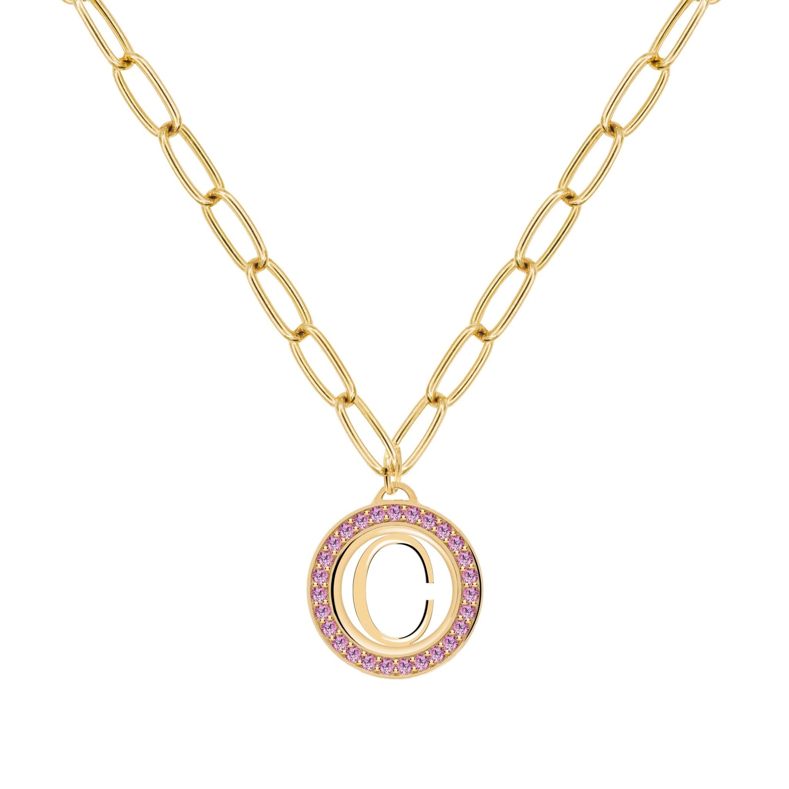 Letter & Pink Sapphire Pendant in 14k Gold (October)