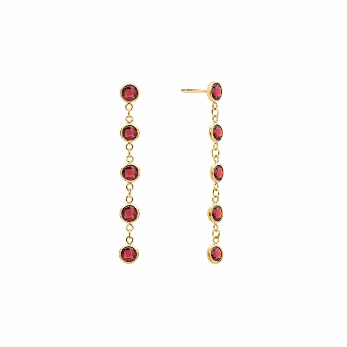 A pair of Newport earrings each featuring five 4 mm briolette cut garnets bezel set in 14k yellow gold