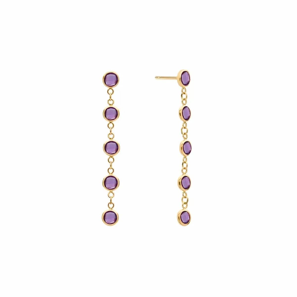 A pair of Newport earrings each featuring five 4 mm briolette cut amethysts bezel set in 14k yellow gold
