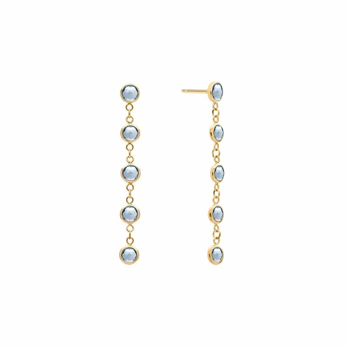 A pair of Newport earrings each featuring five 4 mm briolette cut aquamarines bezel set in 14k yellow gold