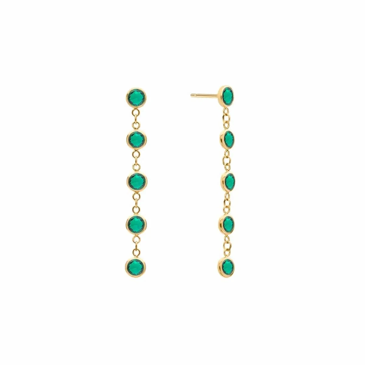 A pair of Newport earrings each featuring five 4 mm briolette cut emeralds bezel set in 14k yellow gold