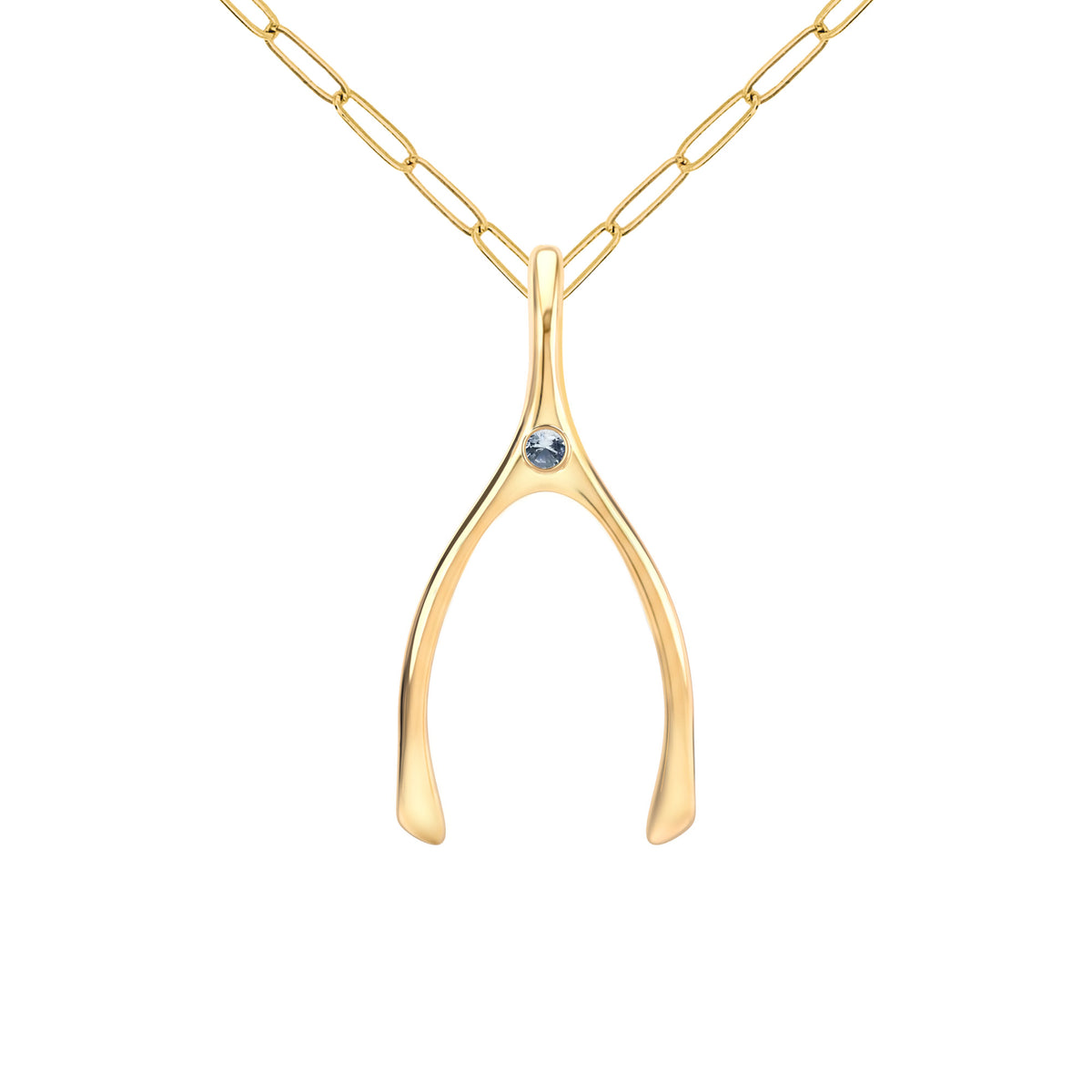 Large Aquamarine Wishbone Pendant in Solid 14k Gold (March)