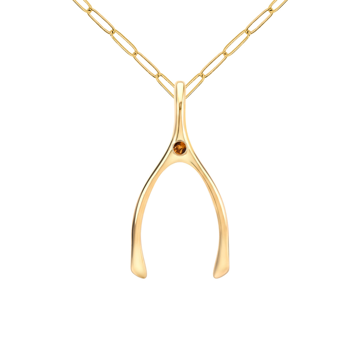 Large Citrine Wishbone Pendant in Solid 14k Gold (November)