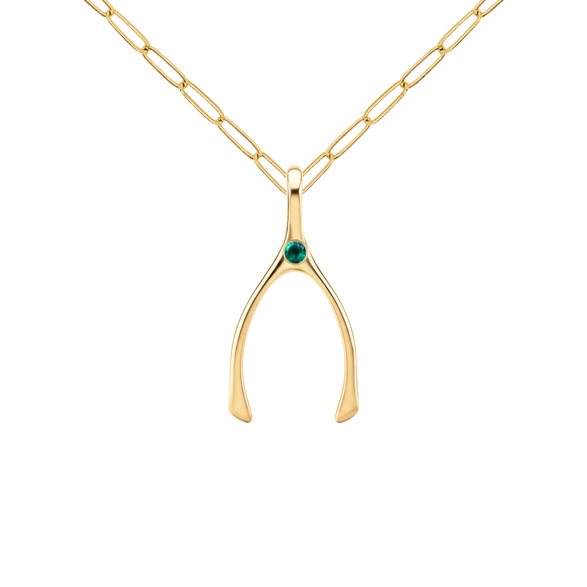 Small Emerald Wishbone Pendant in Solid 14k Gold (May)