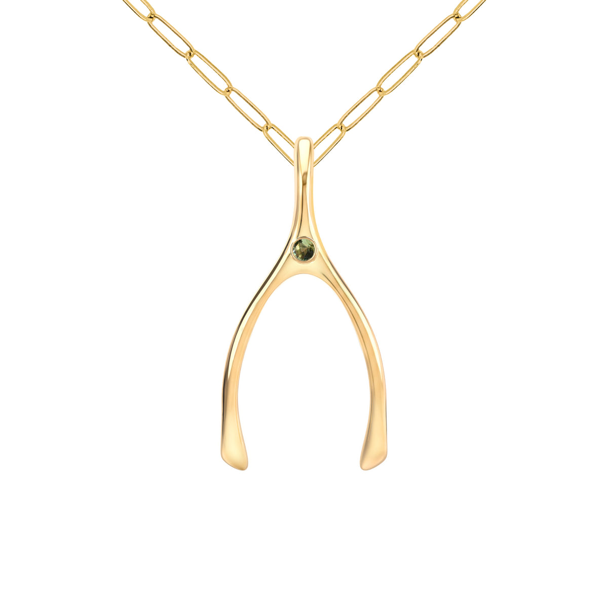 Large Peridot Wishbone Pendant in Solid 14k Gold (August)