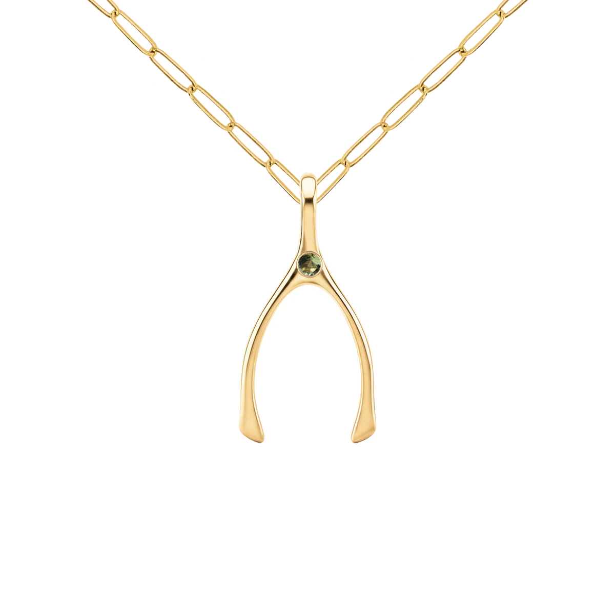 Small Peridot Wishbone Pendant in Solid 14k Gold (August)