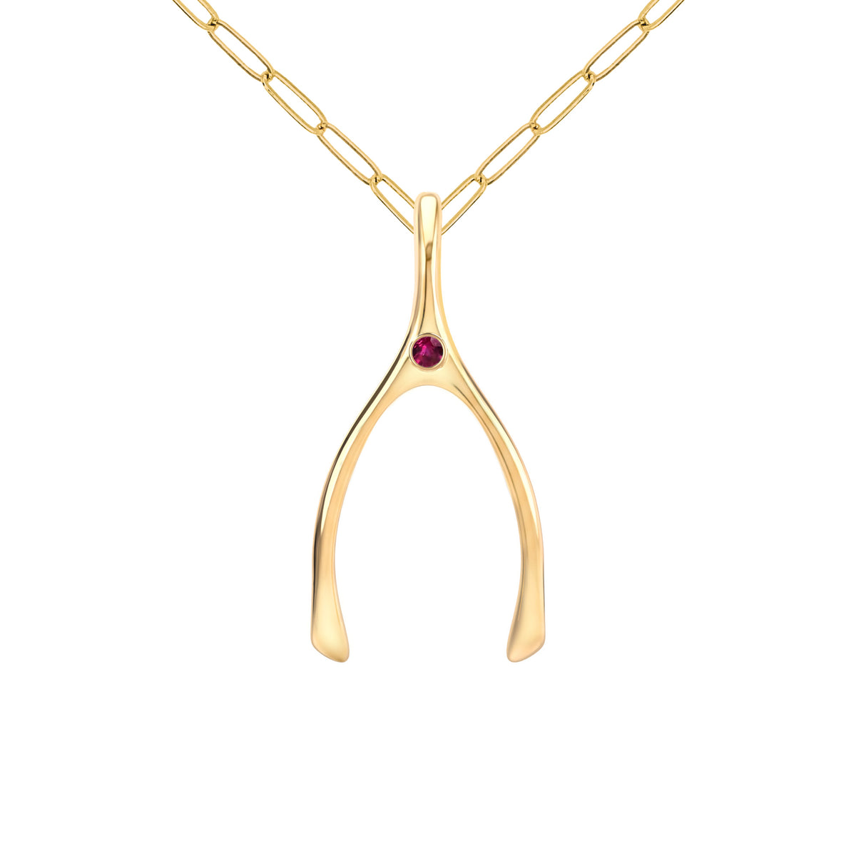 Large Ruby Wishbone Pendant in Solid 14k Gold (July)