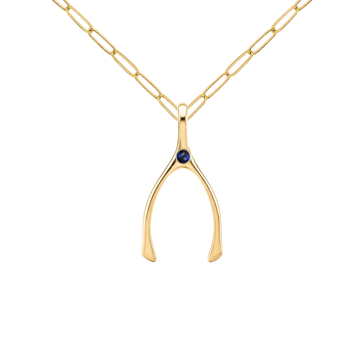 Small Sapphire Wishbone Pendant in Solid 14k Gold (September)