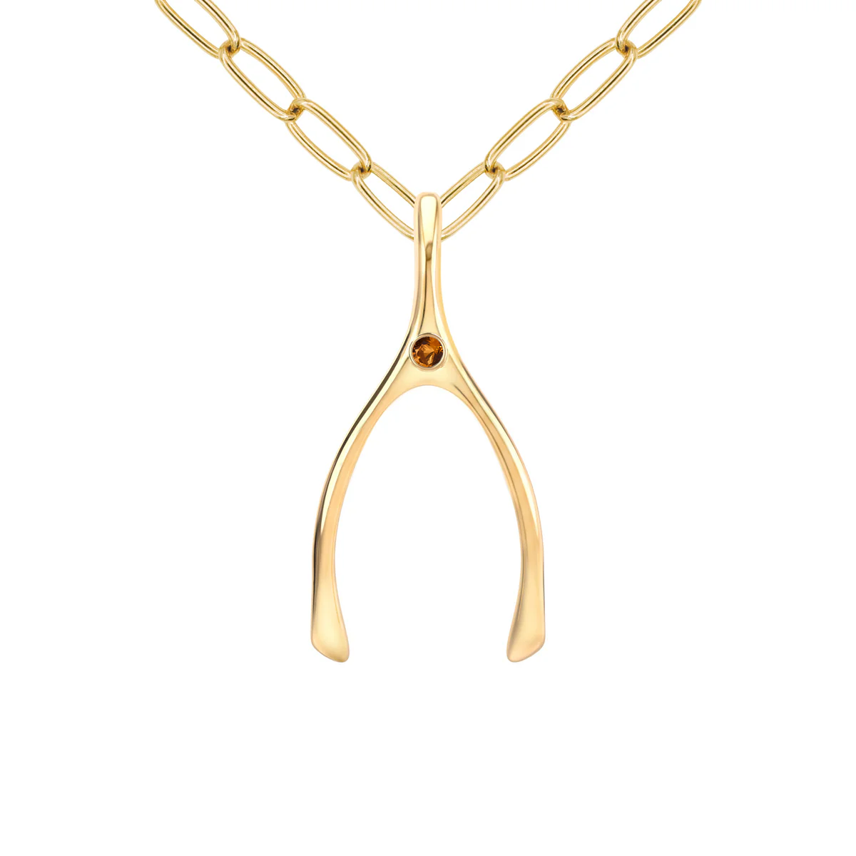 Large Citrine Wishbone Pendant in Solid 14k Gold (November)