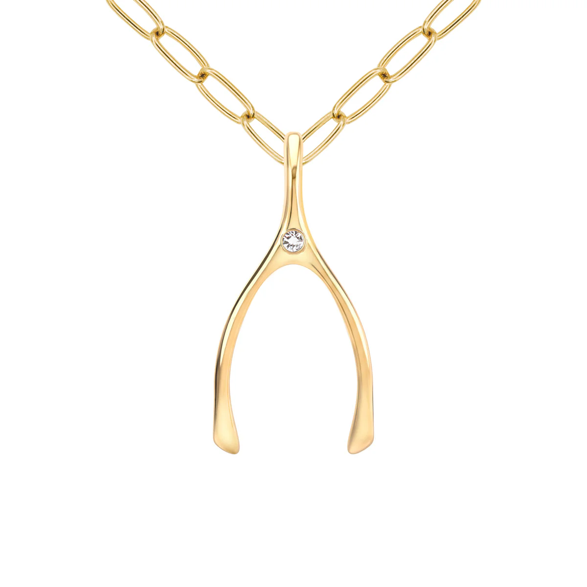 Large Diamond Wishbone Pendant in Solid 14k Gold (April)