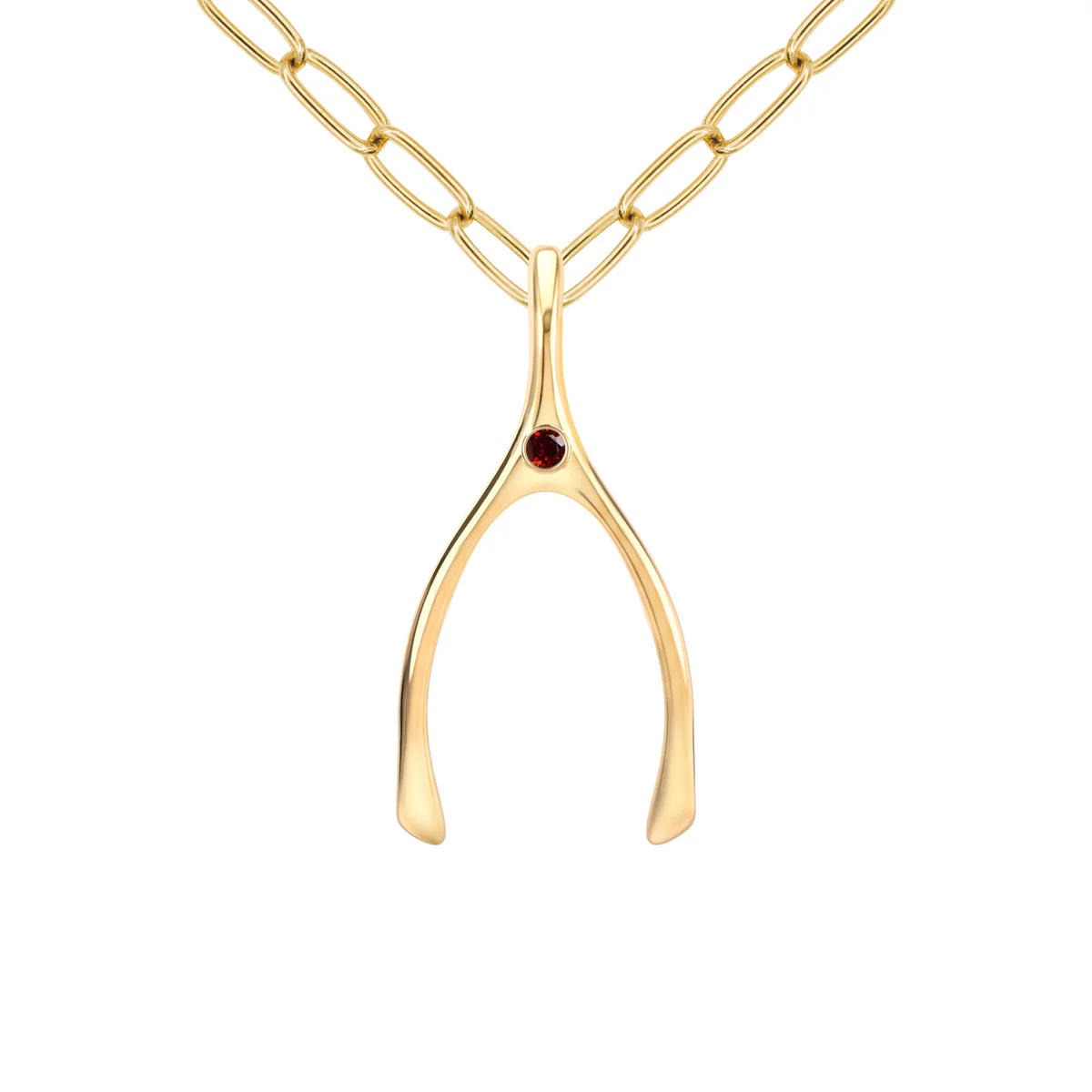 Large Garnet Wishbone Pendant in Solid 14k Gold (January)