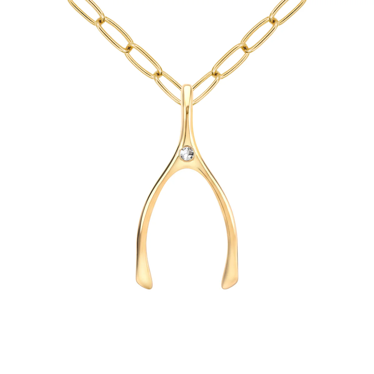Large White Topaz Wishbone Pendant in Solid 14k Gold (April)