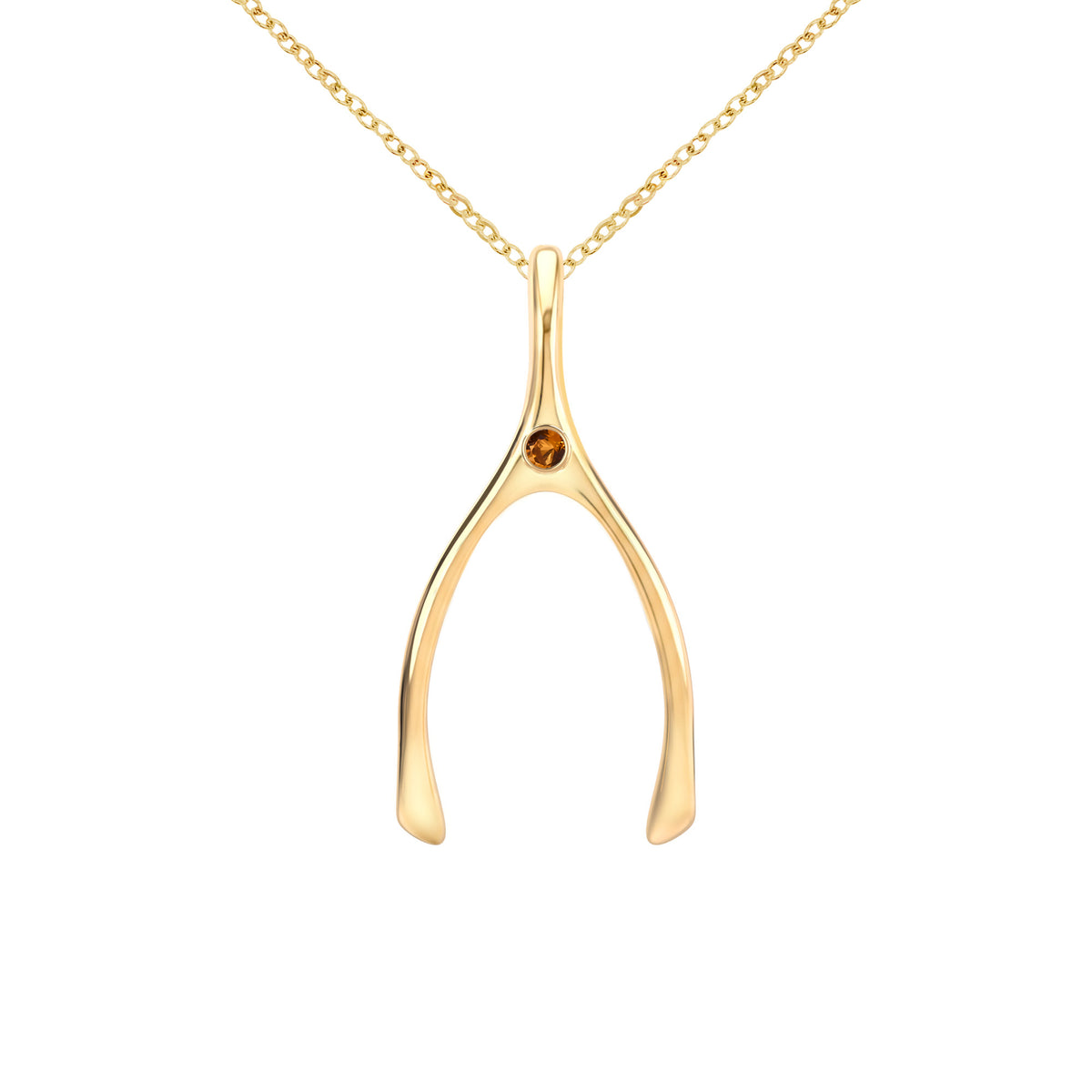 Large Citrine Wishbone Pendant in Solid 14k Gold (November)