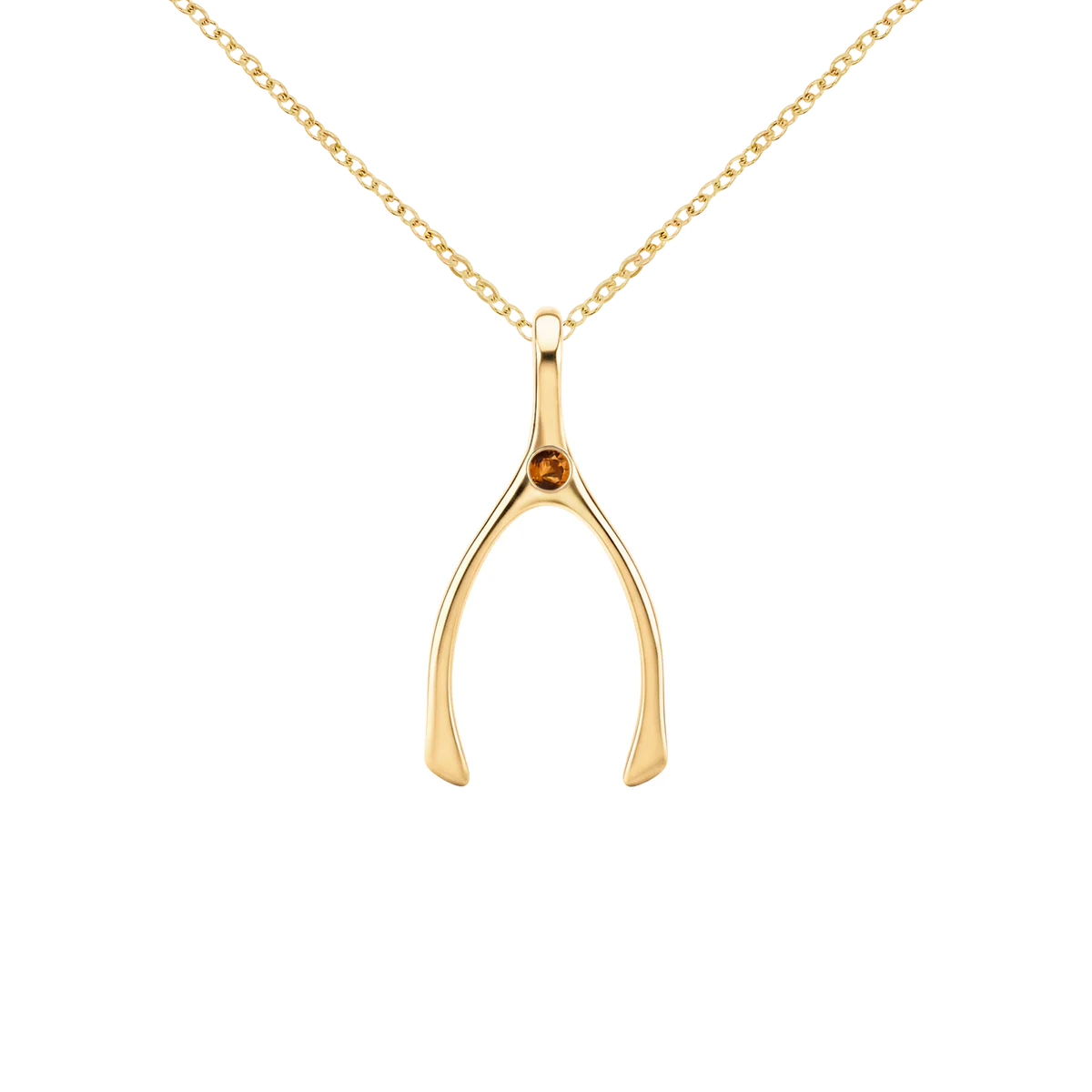 Small Citrine Wishbone Pendant in Solid 14k Gold (November)