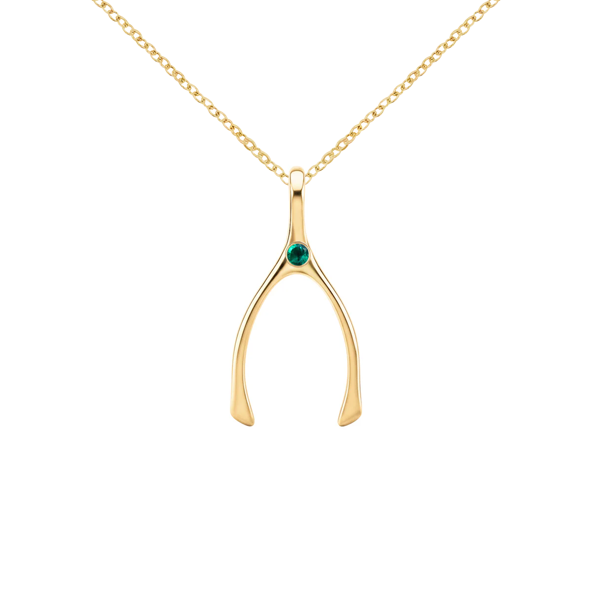 Small Emerald Wishbone Pendant in Solid 14k Gold (May)