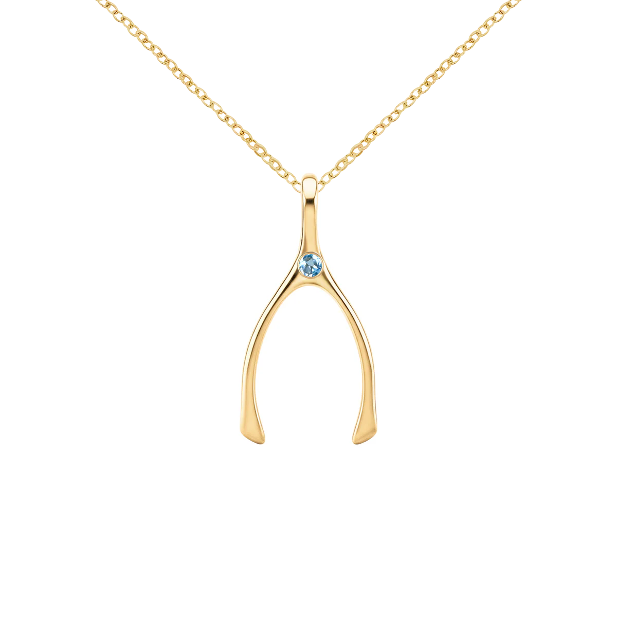 Small Nantucket Blue Topaz Wishbone Pendant in Solid 14k Gold (December)