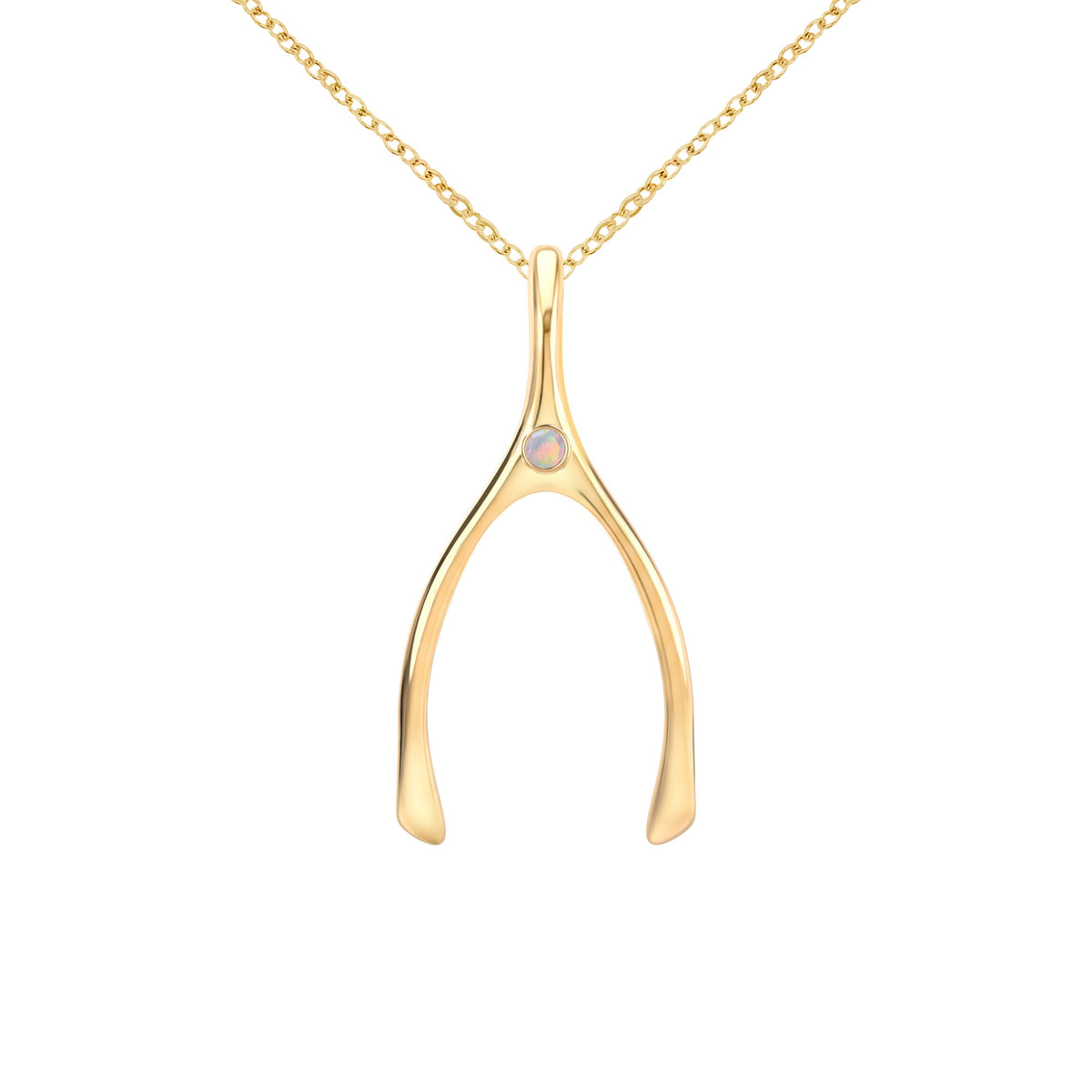 Large Opal Wishbone Pendant in Solid 14k Gold (October)