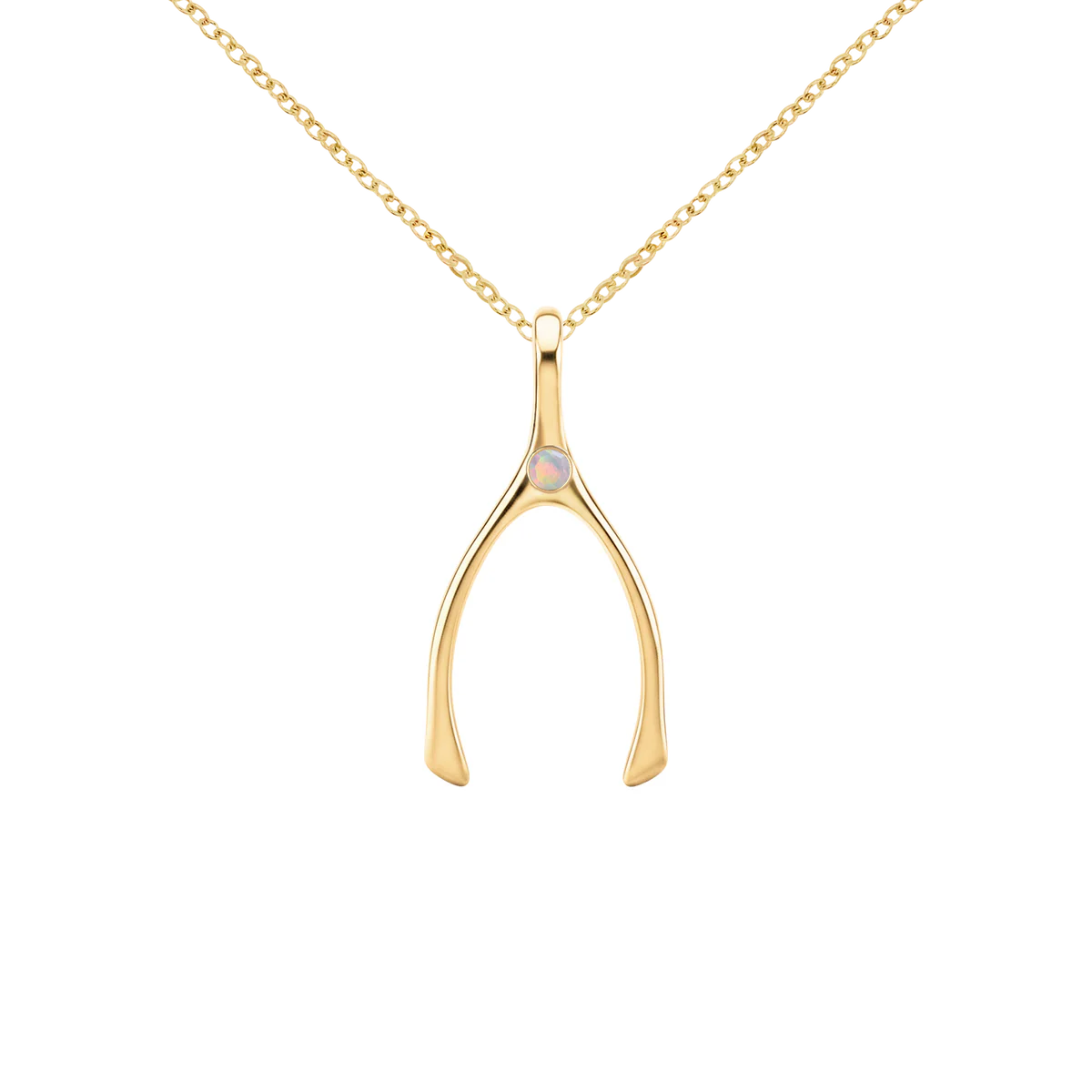 Small Opal Wishbone Pendant in Solid 14k Gold (October)