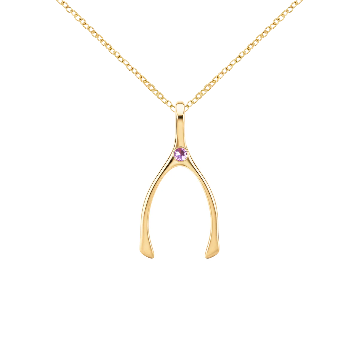 Small Pink Sapphire Wishbone Pendant in Solid 14k Gold (October)