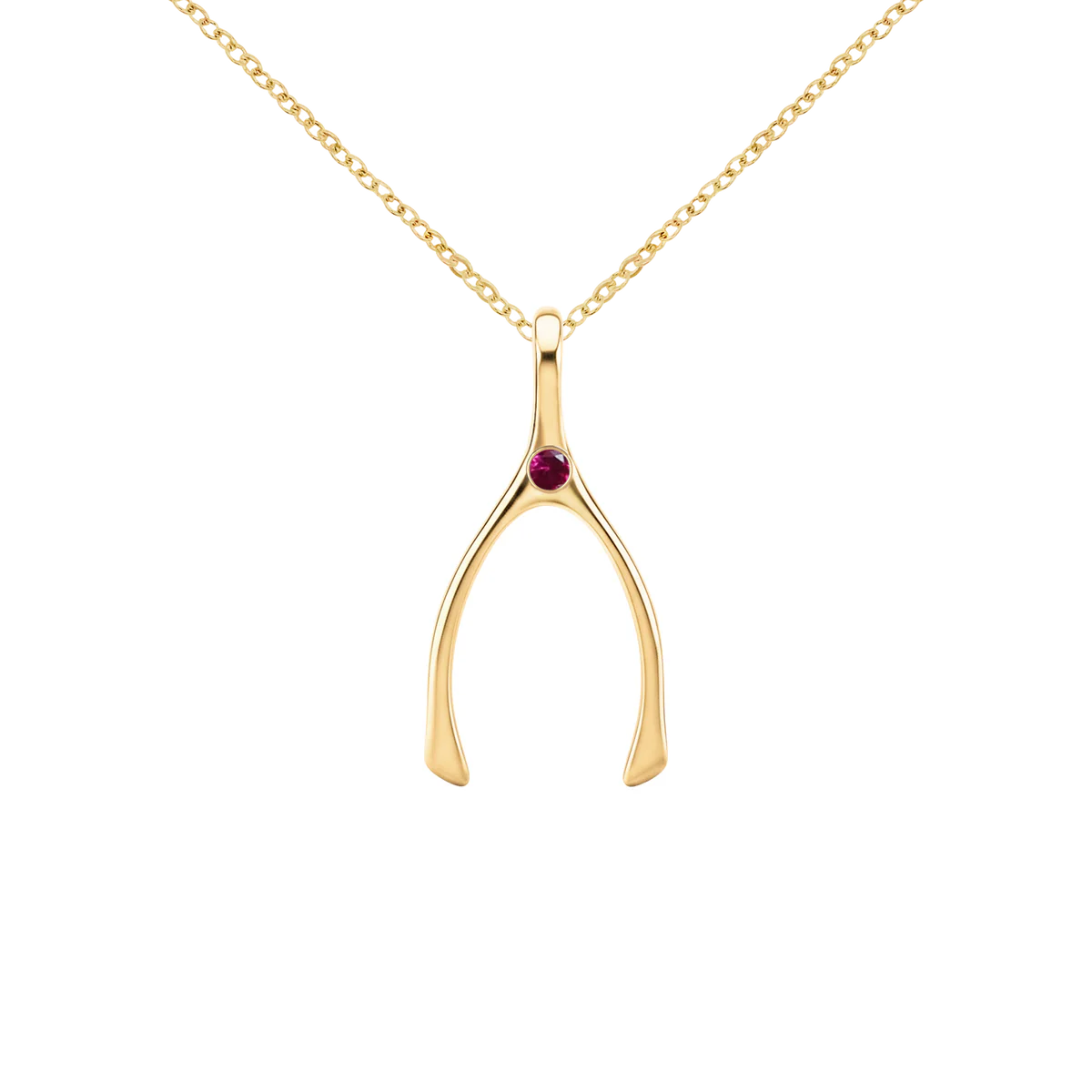 Small Ruby Wishbone Pendant in Solid 14k Gold (July)