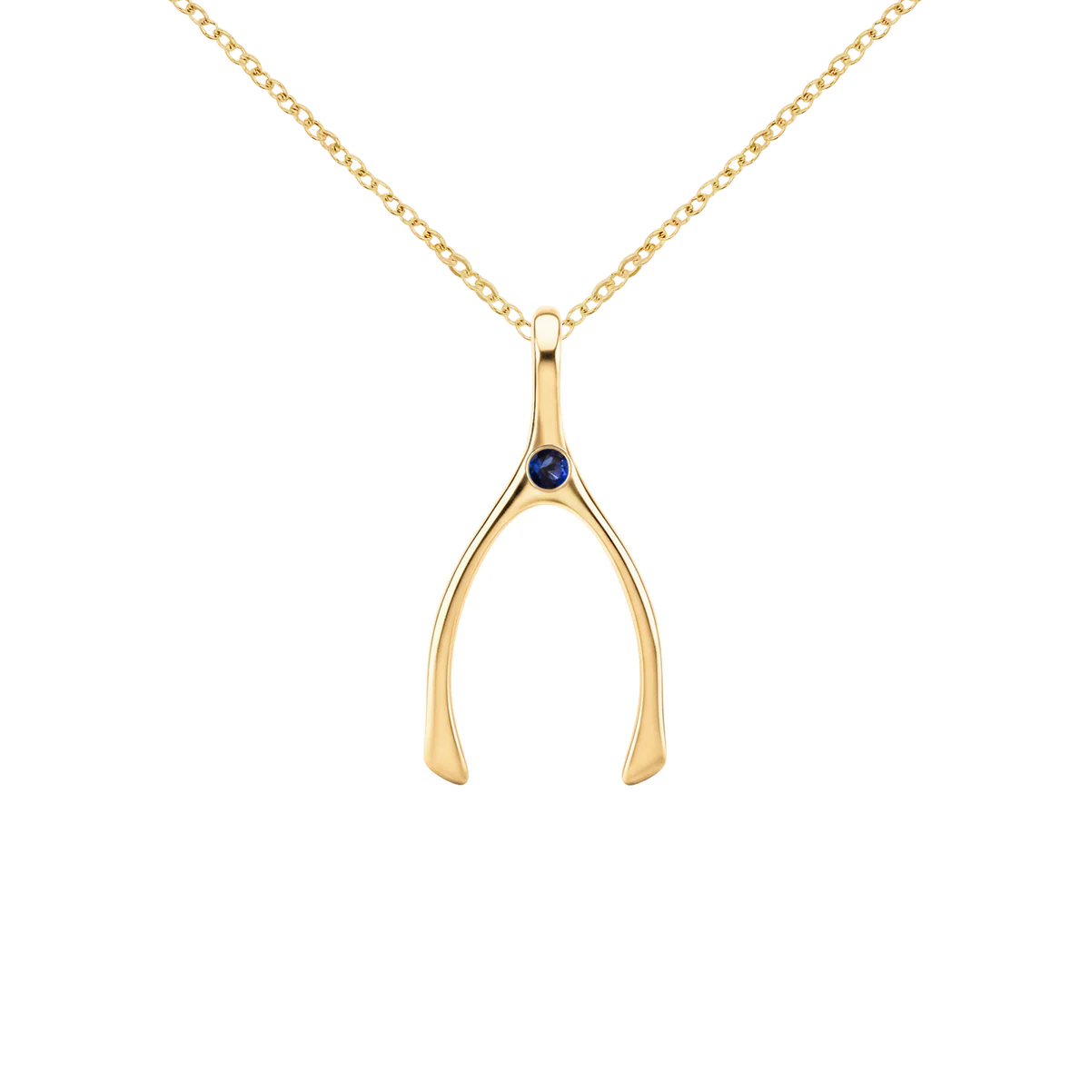 Small Sapphire Wishbone Pendant in Solid 14k Gold (September)