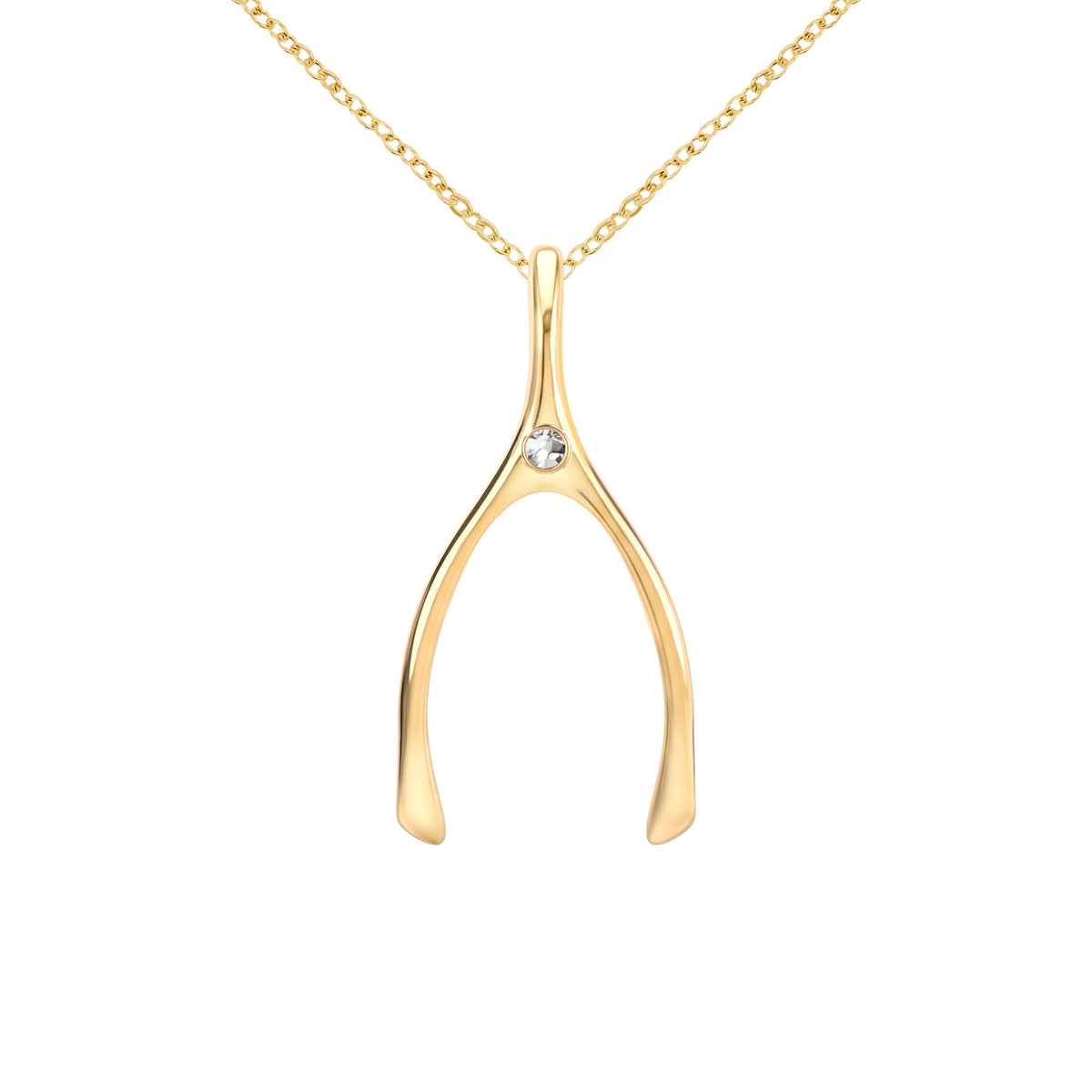 Large White Topaz Wishbone Pendant in Solid 14k Gold (April)