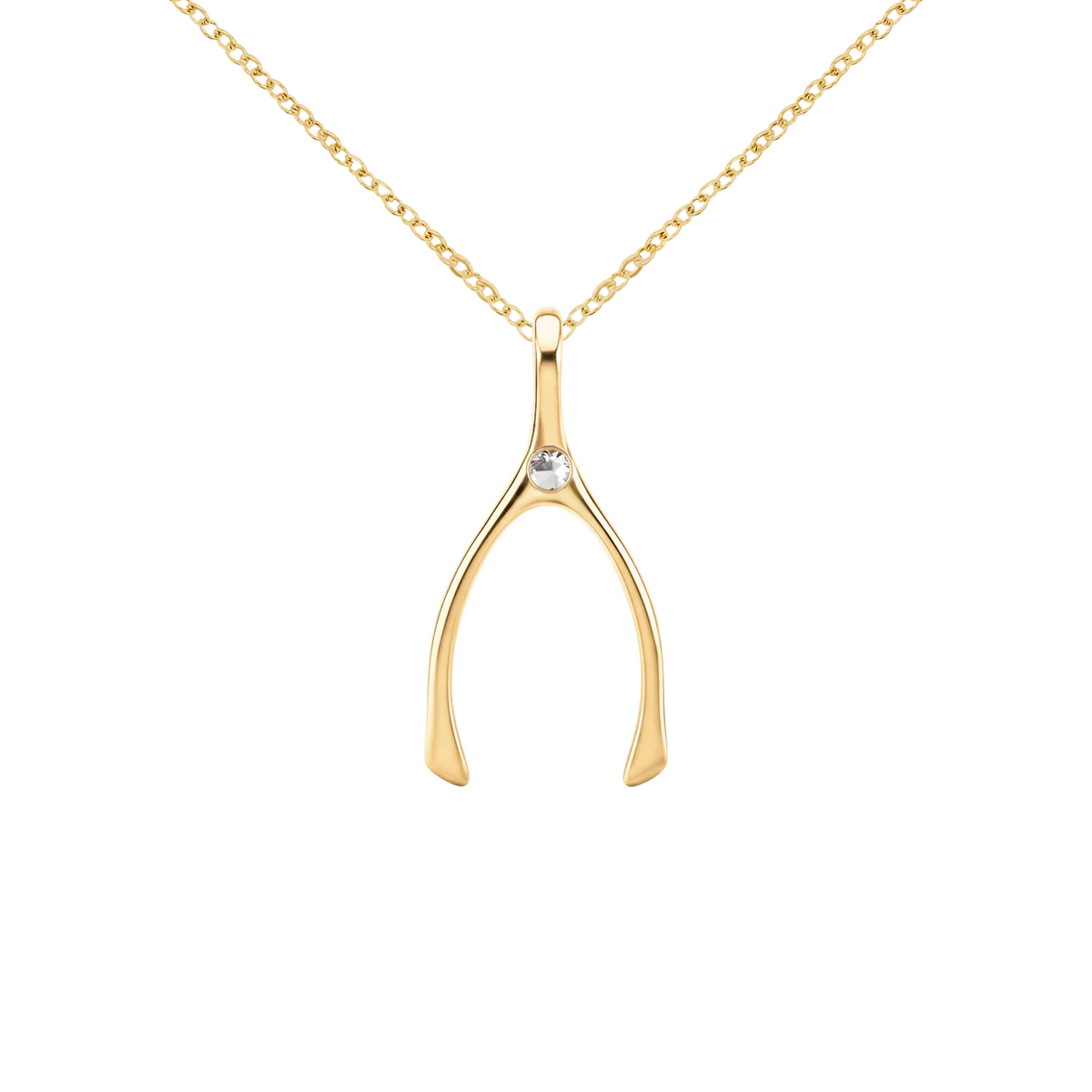 Small White Topaz Wishbone Pendant in Solid 14k Gold (April)