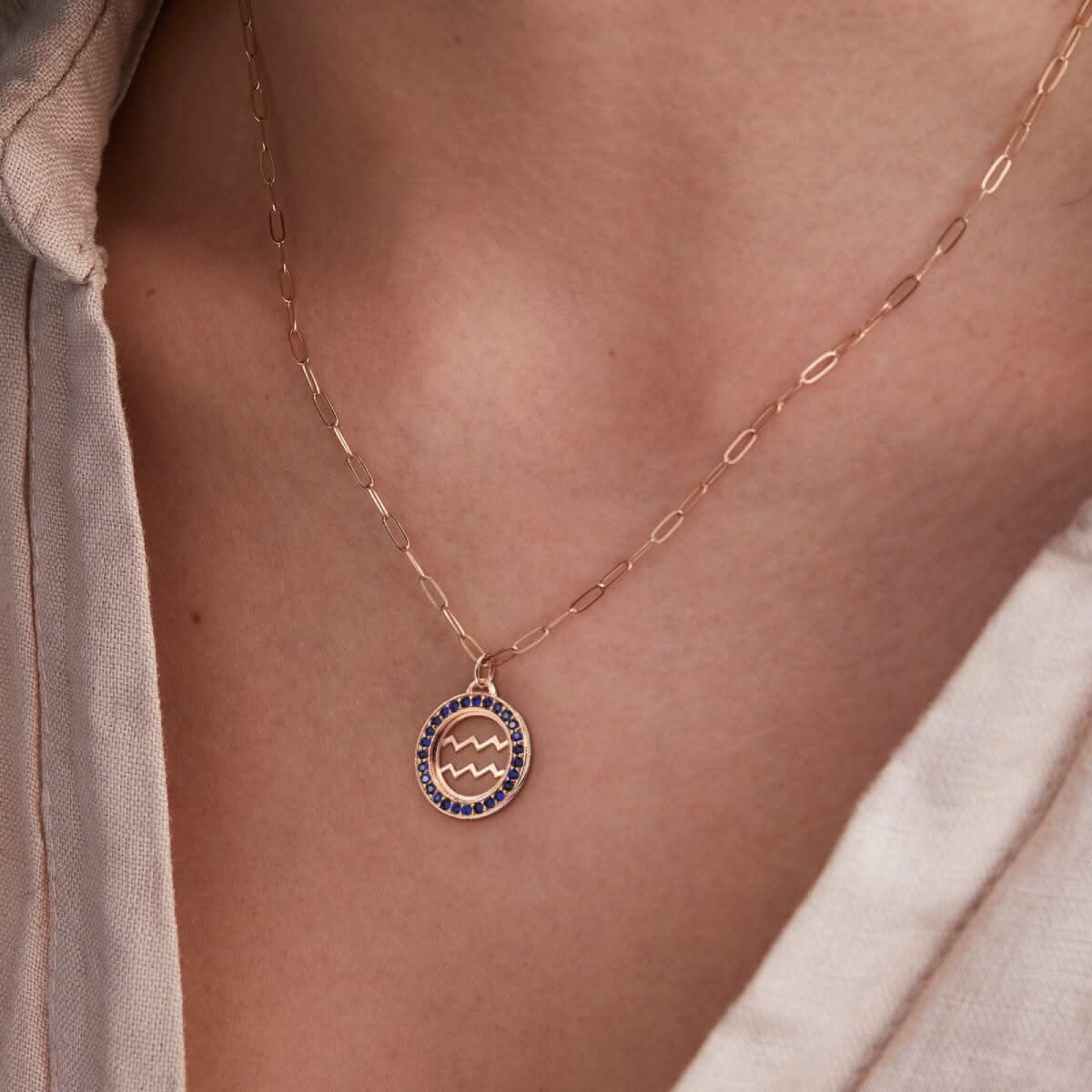 Aquarius & Birthstone Pendant in 14k Gold