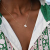 Woman wearing a Greenwich 4 Birthstone necklace featuring four 4mm white topaz gemstones and one 2.1mm center diamond.