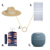 A straw-brimmed hat, Rosecliff Small Circle Diamond necklace, towel, backgammon board, and speaker.