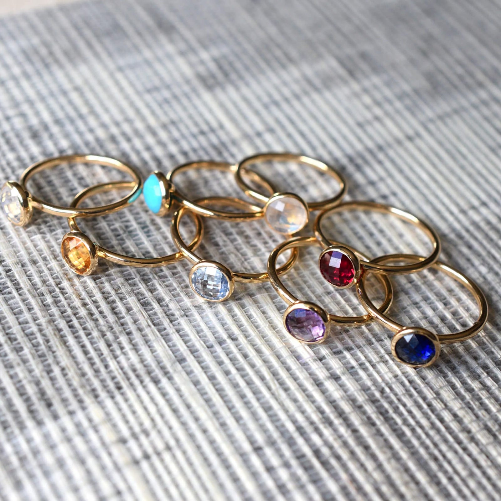 The 6mm round briolette-cut gemstone in a 14k gold bezel is eye-catching, stacks well with other rings, and pairs beautifully with Grand Birthstone jewelry.