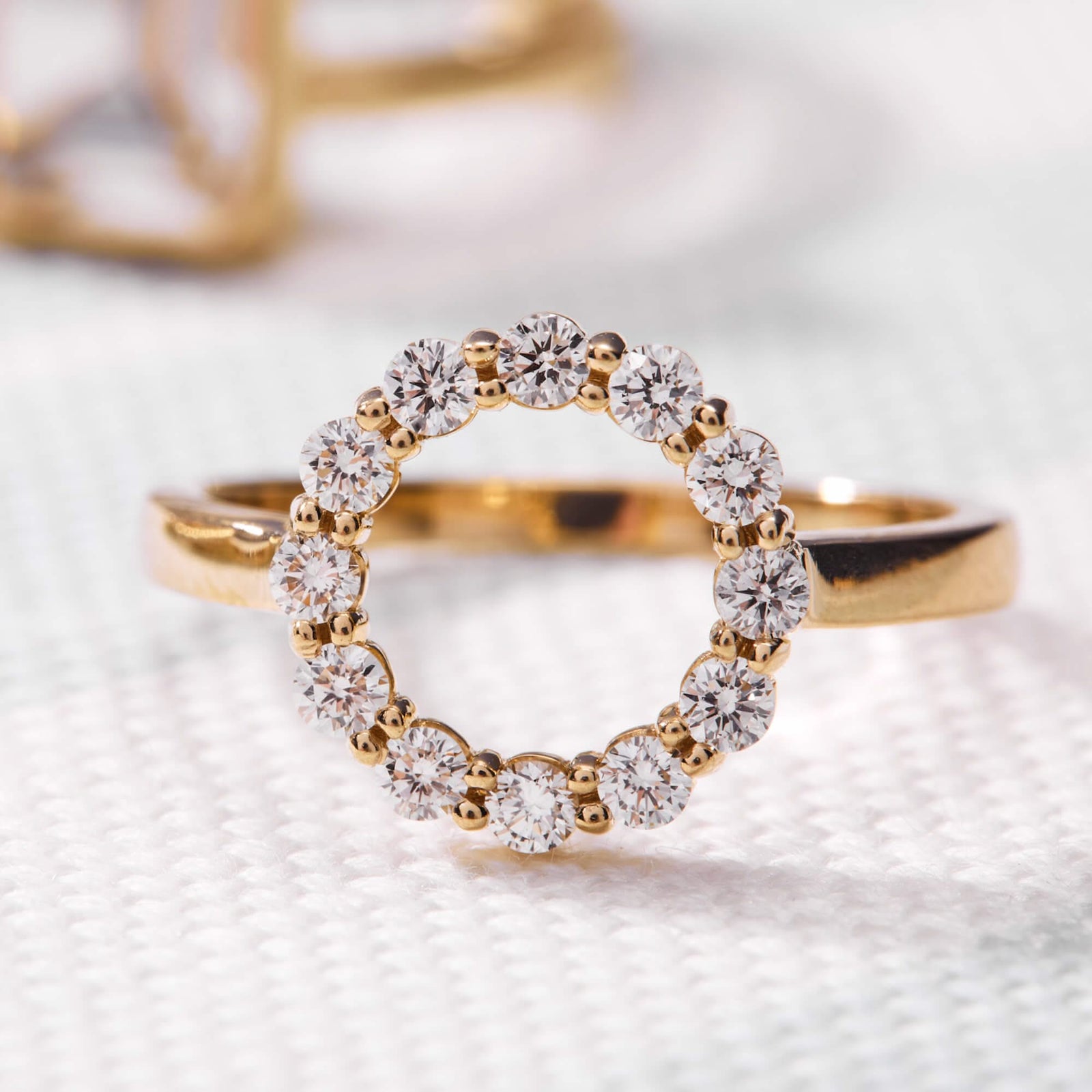 Personalized Rosecliff Small Circle White Topaz Ring in 14k gold featuring a sparkly open circle with genuine White topaz in single stone patterns