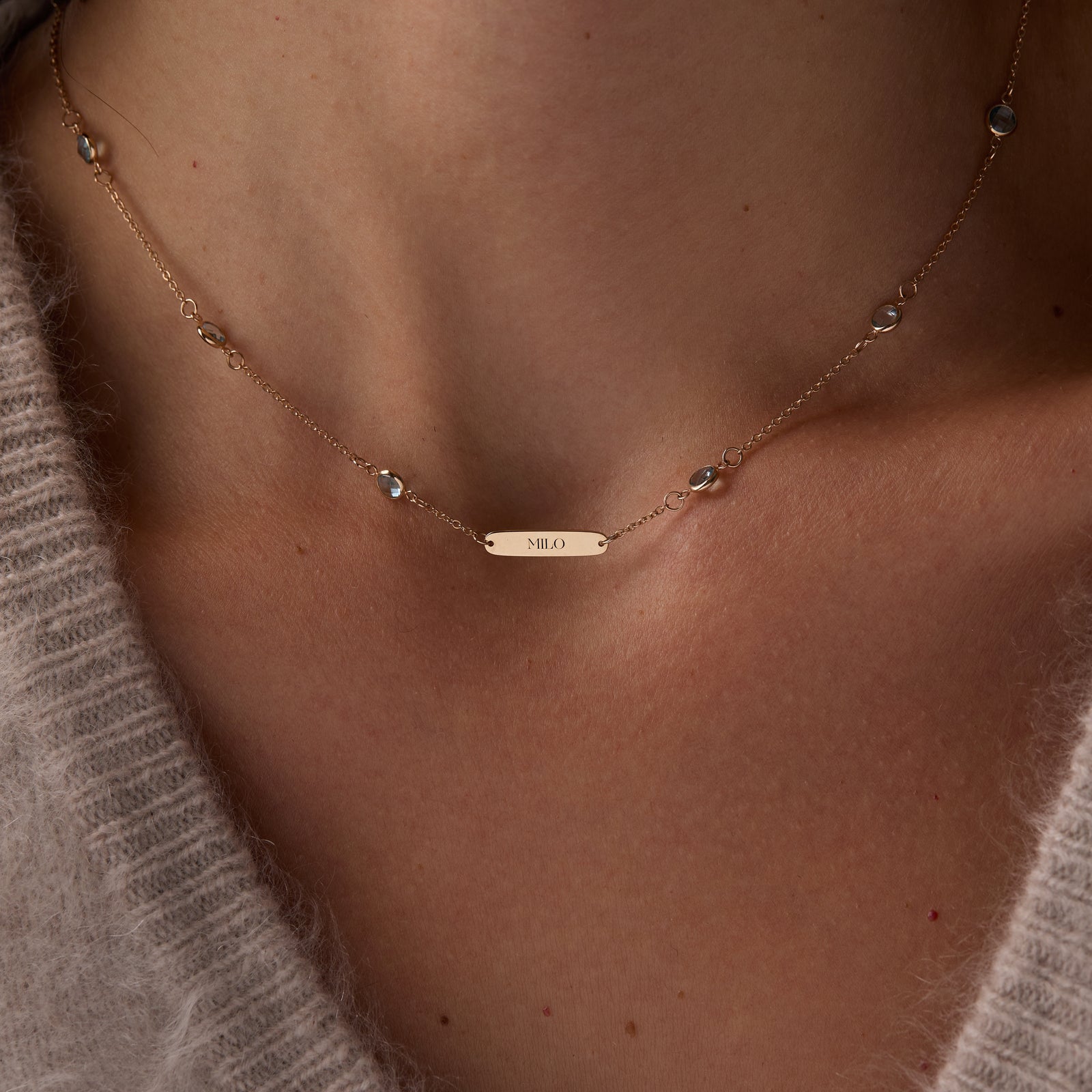 1 Nameplate & 10 Petite Nantucket Blue Topaz Necklace in 14k Gold (December)