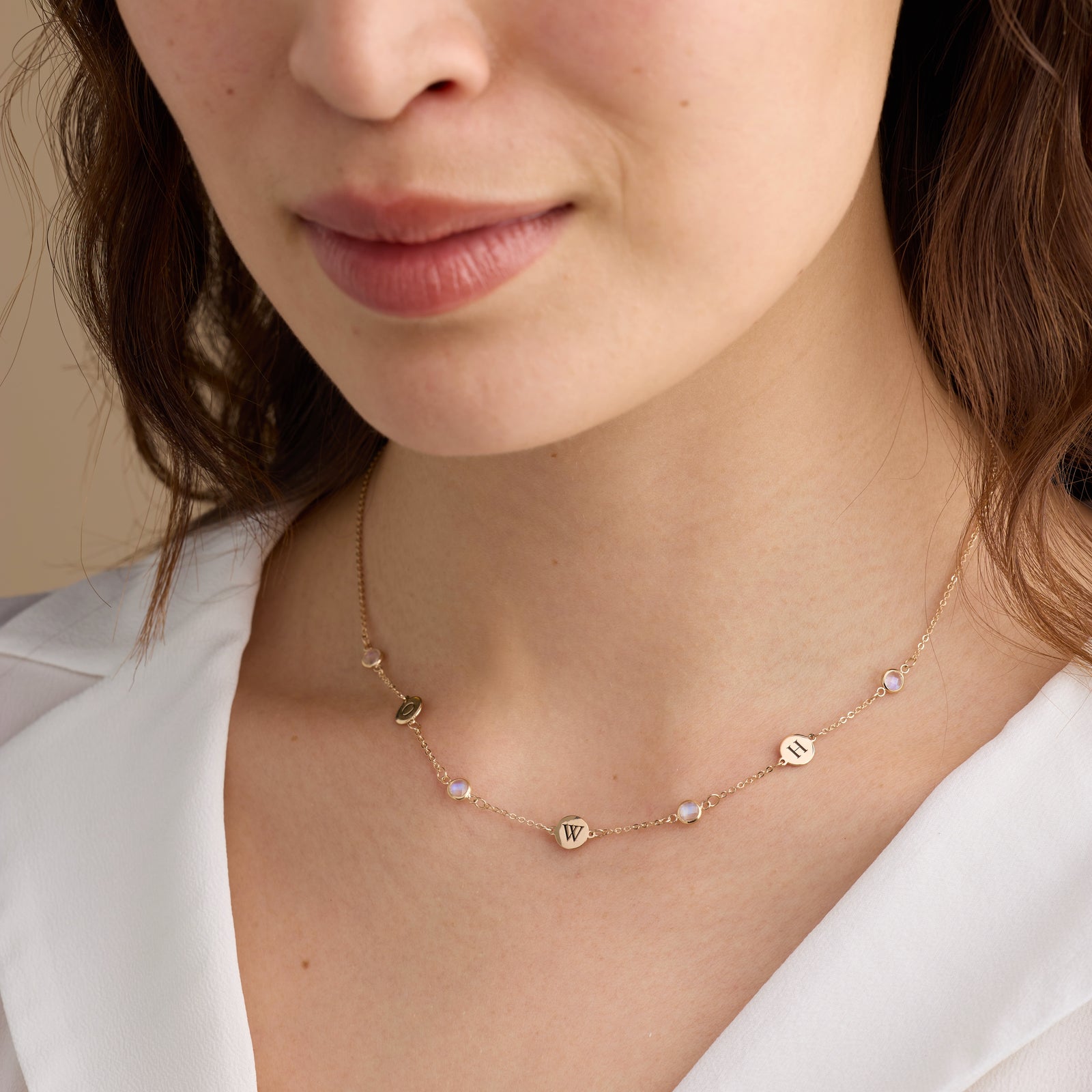 3 Letter & 4 Petite Birthstone Necklace in 14k Gold (Double Spacing)