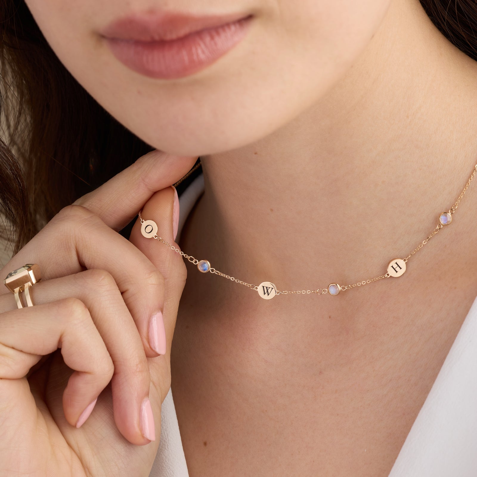 3 Letter & 4 Petite Birthstone Necklace in 14k Gold (Double Spacing)