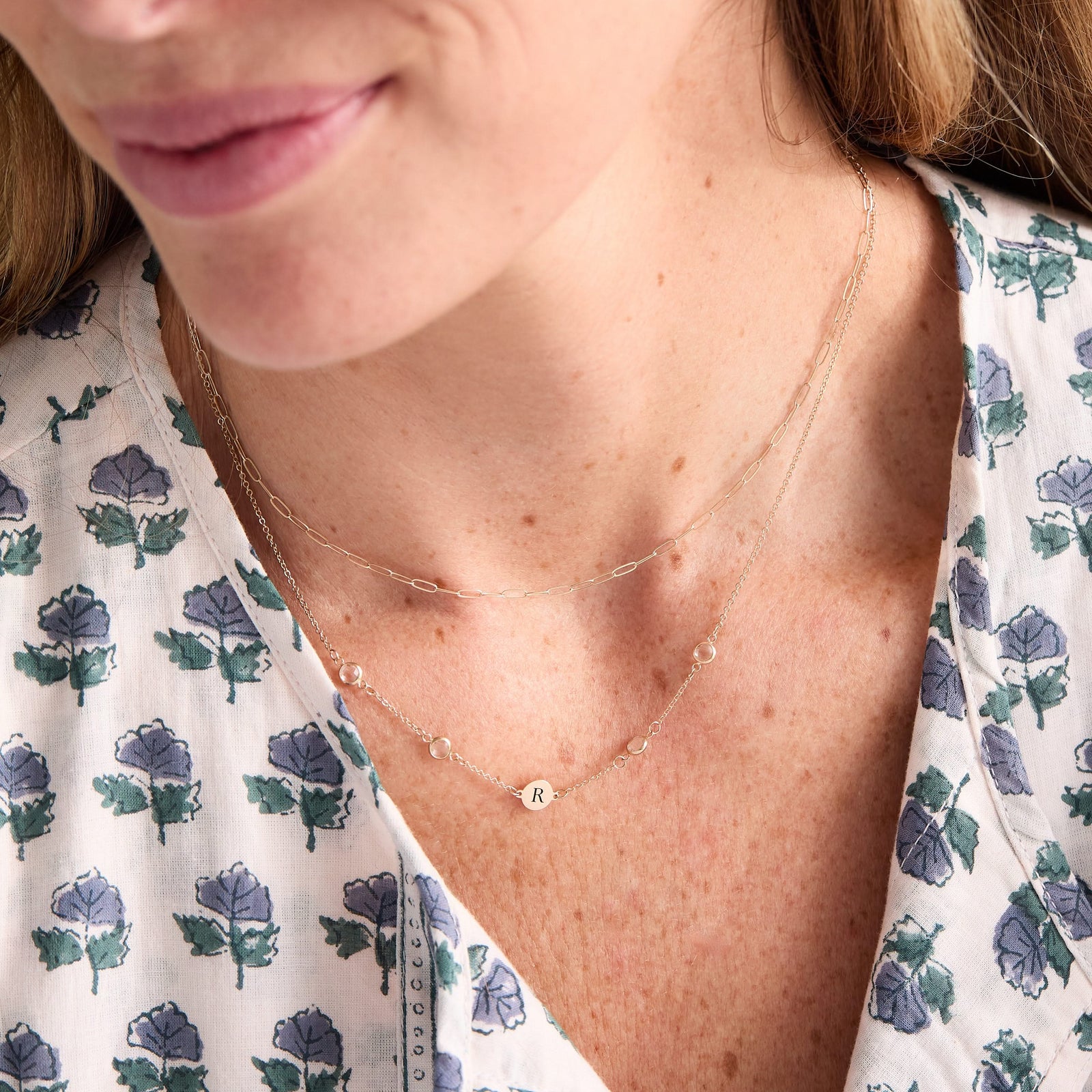 1 Letter & 4 Petite White Topaz Necklace in 14k Gold (April)