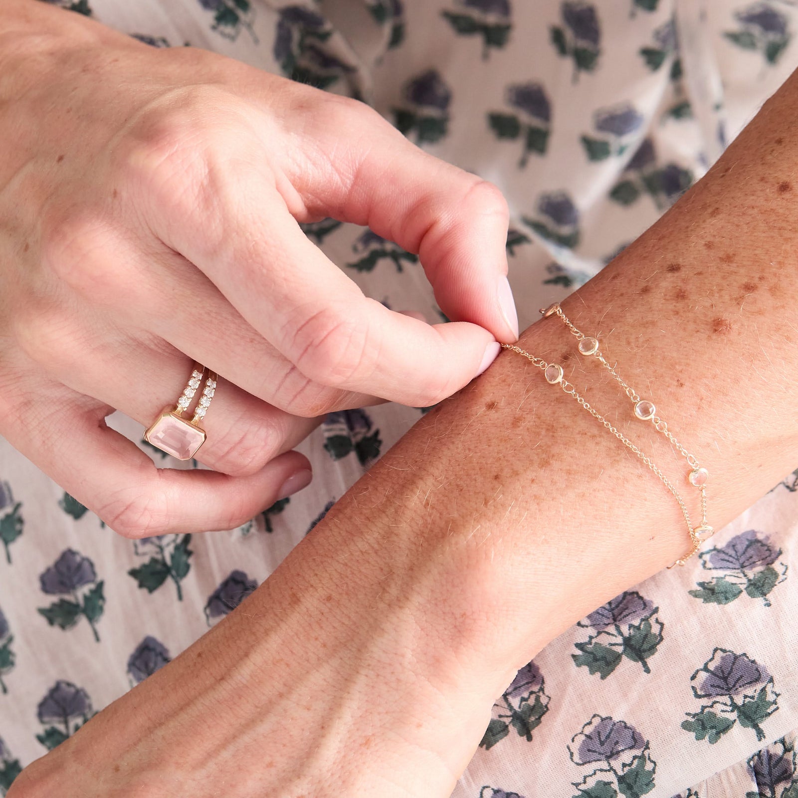 Warren Vertical Rose Quartz Ring with Diamonds in 14k Gold (October)